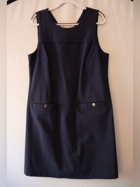 Eloquii Navy Sleeveless Shift Dress with Gold Buttons